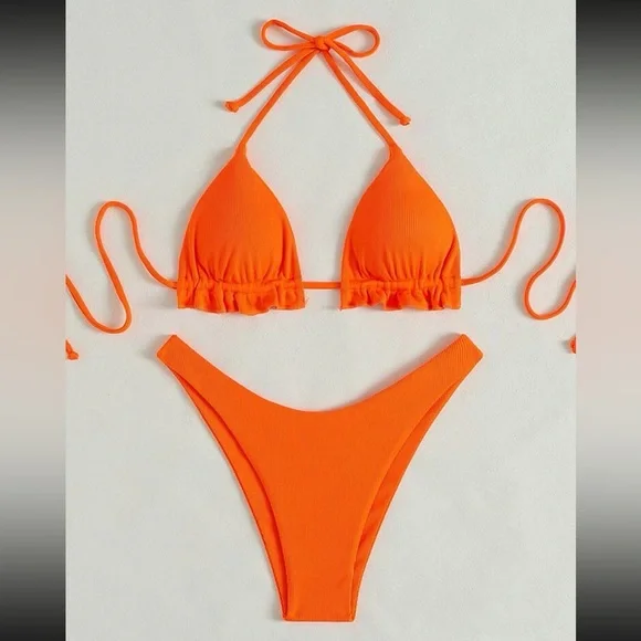 Ribbed Halter Triangle Bikini Swimsuit ✨🟧 - Picture 1 of 5